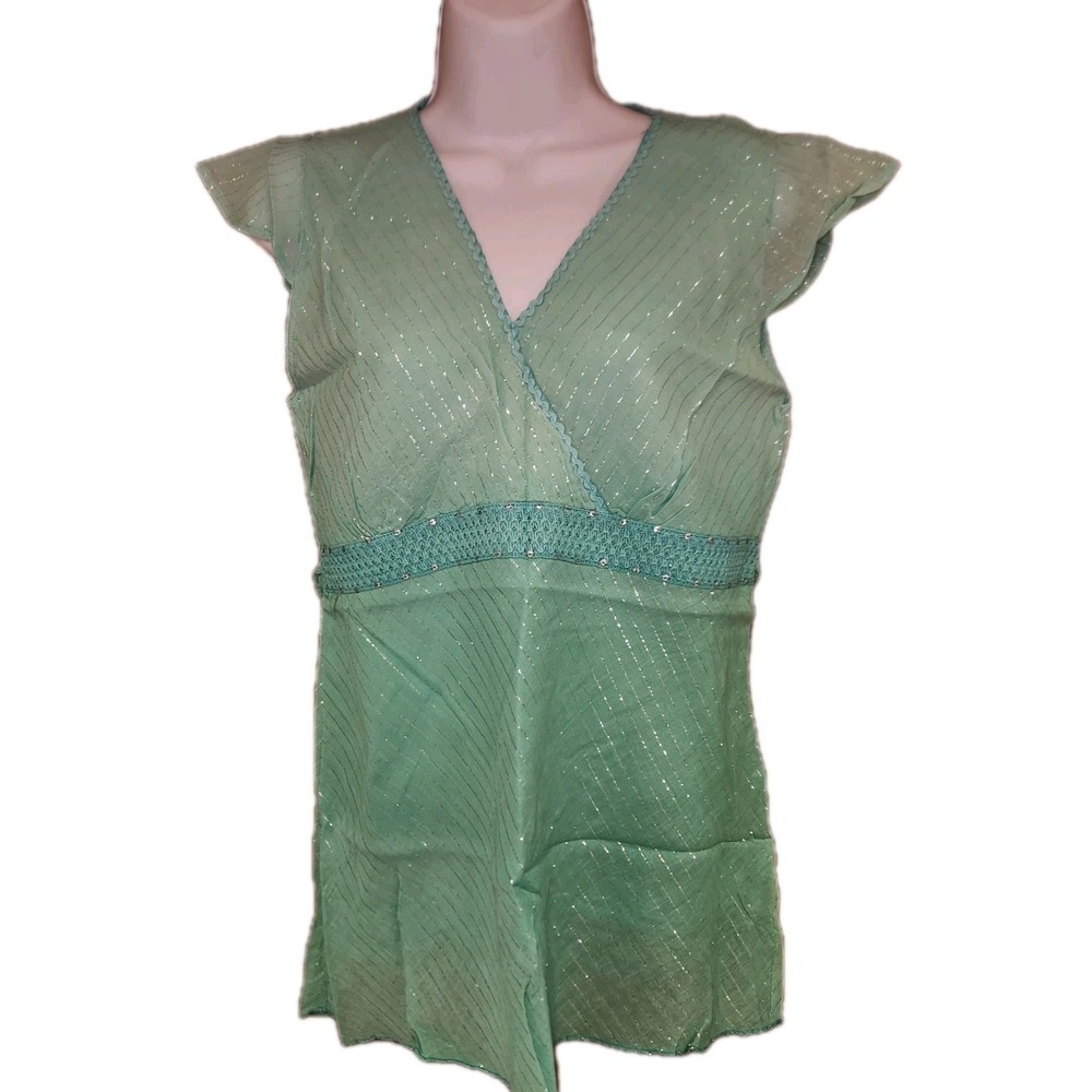 NWT Molato Green Ombre Cotton Vneck‎ Summer Top With Silver Stripes Sz S